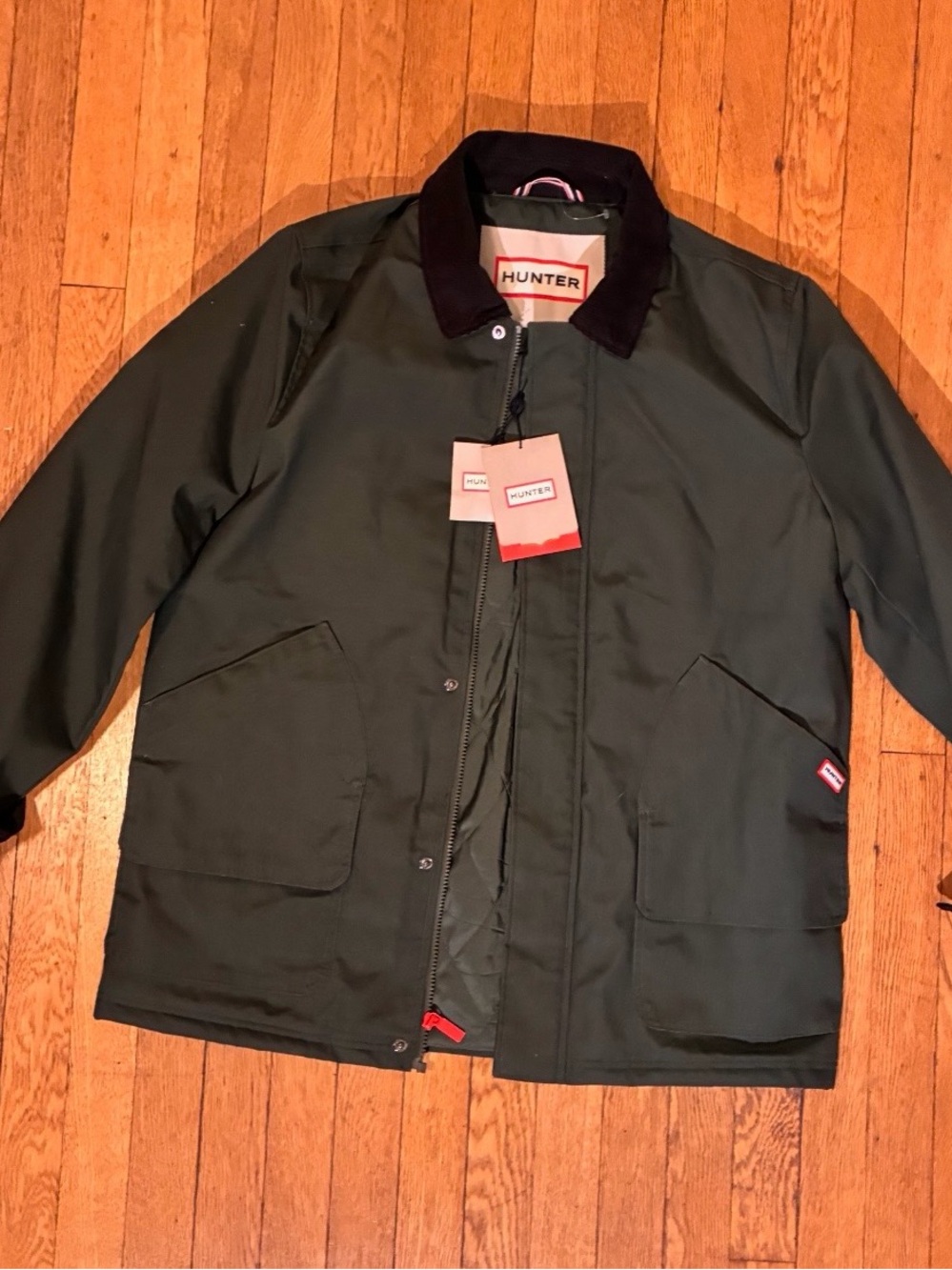 Hunter Men's Forest Green Raincoat with Black Contrast Collar